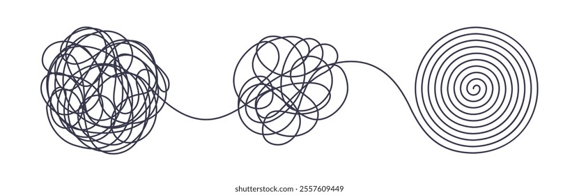 Chaos and order business concept flat style design vector illustration isolated on white background. Tangled disorder turns into spiral order line, find solution. Coaching, mentoring or psychotherapy.