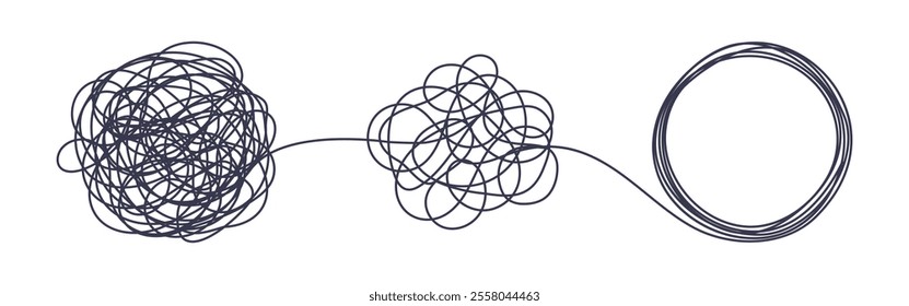 Chaos and order business concept flat style design vector illustration isolated on white background. Tangled disorder turns into spiral order line, find solution. Coaching, mentoring or psychotherapy.