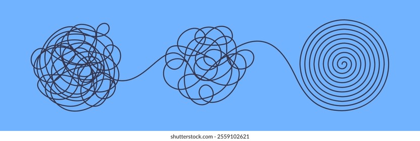 Chaos and order business concept flat style design vector illustration isolated on white background. Tangled disorder turns into spiral order line, find solution. Coaching, mentoring or psychotherapy.