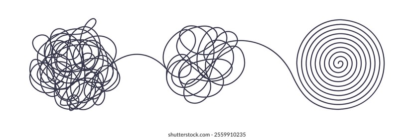 Chaos and order business concept flat style design vector illustration isolated on white background. Tangled disorder turns into spiral order line, find solution. Coaching, mentoring or psychotherapy.