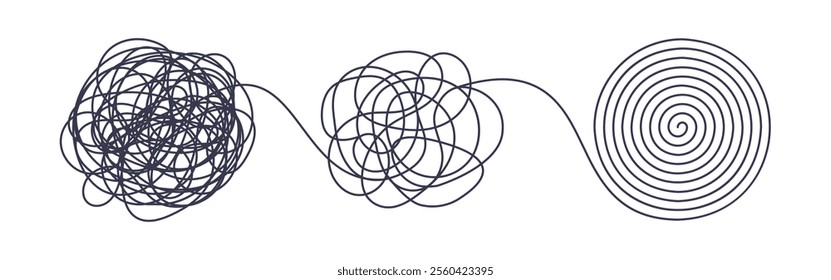 Chaos and order business concept flat style design vector illustration isolated on white background. Tangled disorder turns into spiral order line, find solution. Coaching, mentoring or psychotherapy.