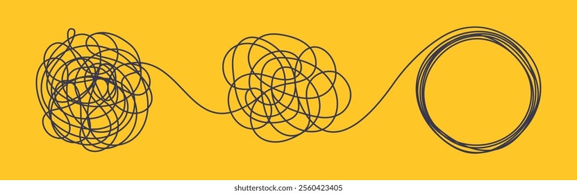 Chaos and order business concept flat style design vector illustration isolated on white background. Tangled disorder turns into spiral order line, find solution. Coaching, mentoring or psychotherapy.