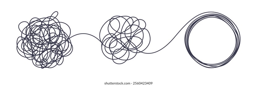 Chaos and order business concept flat style design vector illustration isolated on white background. Tangled disorder turns into spiral order line, find solution. Coaching, mentoring or psychotherapy.