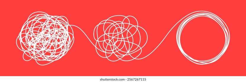 Chaos and order business concept flat style design vector illustration isolated on white background. Tangled disorder turns into spiral order line, find solution. Coaching, mentoring or psychotherapy.