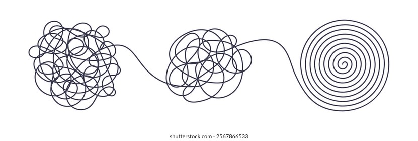 Chaos and order business concept flat style design vector illustration isolated on white background. Tangled disorder turns into spiral order line, find solution. Coaching, mentoring or psychotherapy.