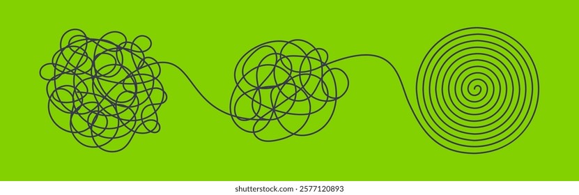 Chaos and order business concept flat style design vector illustration isolated on white background. Tangled disorder turns into spiral order line, find solution. Coaching, mentoring or psychotherapy.