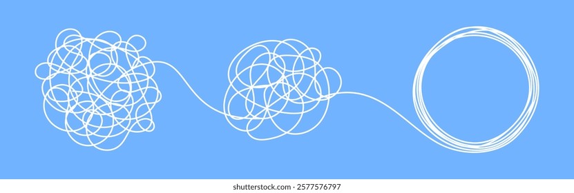 Chaos and order business concept flat style design vector illustration isolated on white background. Tangled disorder turns into spiral order line, find solution. Coaching, mentoring or psychotherapy.