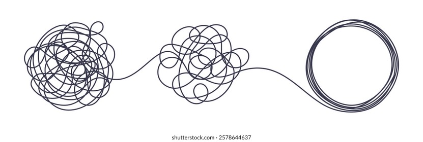 Chaos and order business concept flat style design vector illustration isolated on white background. Tangled disorder turns into spiral order line, find solution. Coaching, mentoring or psychotherapy.