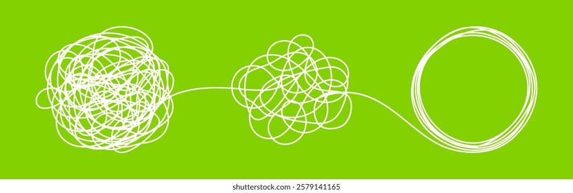 Chaos and order business concept flat style design vector illustration isolated on white background. Tangled disorder turns into spiral order line, find solution. Coaching, mentoring or psychotherapy.