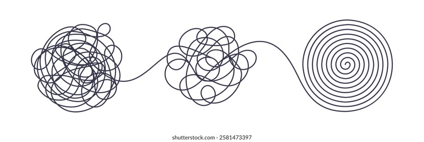 Chaos and order business concept flat style design vector illustration isolated on white background. Tangled disorder turns into spiral order line, find solution. Coaching, mentoring or psychotherapy.