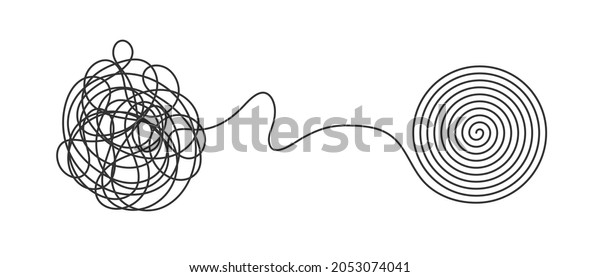 Chaos and order business concept flat\
style design vector illustration isolated on white background.\
Tangled disorder turns into spiral order line, find solution.\
Coaching, mentoring or\
psychotherapy.