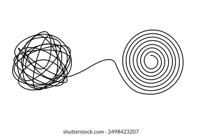 Chaos and order business concept vector illustration isolated on white background. Tangled disorder turns into spiral order line