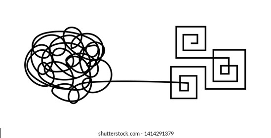 From chaos to order. Tangled, messy, chaotic knot and organized, solved. Vector line concept of mind, psychotherapy, mental problem solving, organized and disorganized brain, therapy, disorder.