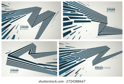 Caos e conceito de vetor de ordem plano de fundo abstrato com explosão de linhas para detritos em conjunto de decaimento, papel de parede 3D com linhas de perspectiva indo para o caos da destruição.