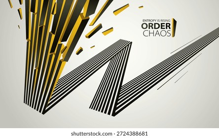 Chaos und Ordnung Vektorkonzept abstrakter Hintergrund mit Linien Explosion zu Trümmern im Verfall, 3D-Tapete mit perspektivischen Linien gehen ins Chaos der Zerstörung.
