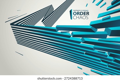 Chaos und Ordnung Vektorkonzept abstrakter Hintergrund mit Linien Explosion zu Trümmern im Verfall, 3D-Tapete mit perspektivischen Linien gehen ins Chaos der Zerstörung.