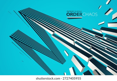 Chaos und Ordnung Vektorkonzept abstrakter Hintergrund mit Linien Explosion zu Trümmern im Verfall, 3D-Tapete mit perspektivischen Linien gehen ins Chaos der Zerstörung.