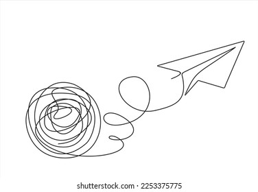 Chaos and paper plane, abstract minimalist concept vector illustration. Metaphor of disorganized difficult problem found solution, mess with single continuous tangle thread in need of unraveling.