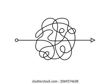 Chaos path with arrow. The process of understanding. Difficult way to solve problems in business. Chaos line. Scribble chaos path. Hand drawn doodle vector illustration isolated. Editable stroke.