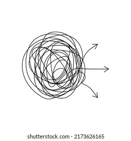 Chaos path with arrows in doodle style. Problem solving concept with multiple options. Vector illustration for psychotherapy and management. 