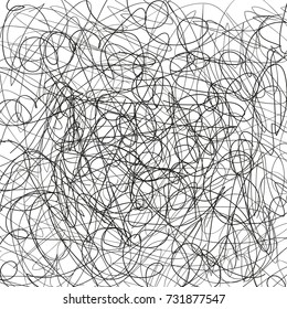 Chaos pattern. Abstract texture. Random chaotic lines. Intricate wallpaper. Hand drawn scrawls. Black and white illustration. Isolated