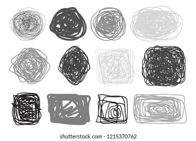 Chaos patterns on isolated white. Chaotic tangled stripes. Backgrounds with lines and waves. Art creation. Hand drawn dinamic scrawls. Black and white illustration