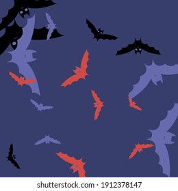 Chaos Pink Creepy Purple Flying Bats Art Pattern. Motion Black Spooky Gothic Halloween Art Illustration. Colorful Sky Red Retro Background. Eyes Night Print Attack Scary Bats Vector Design Pic.
