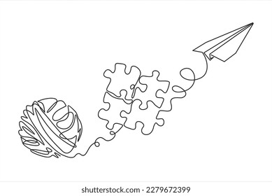 Chaos, puzzle and paper plane, abstract concept vector illustration. Metaphor of disorganized difficult problem found solution, mess with single continuous tangle thread in need of unraveling.