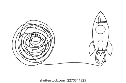 Chaos and rocket spaceship, abstract minimalist concept vector illustration. Metaphor of disorganized difficult problem found solution, mess with single continuous tangle thread in need of unraveling.