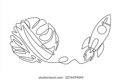 Chaos and rocket spaceship, abstract minimalist concept vector illustration. Metaphor of disorganized difficult problem found solution, mess with single continuous tangle thread in need of unraveling.
