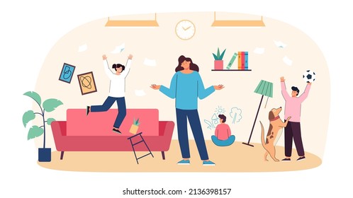 Chaos in room with calm mother and adorable naughty children. Female person with mischievous kids flat vector illustration. Family, motherhood concept for banner, website design or landing web page