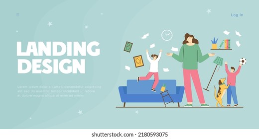 Chaos in room with calm mother and adorable naughty children. Female person with mischievous kids flat vector illustration. Family, motherhood concept for banner, website design or landing web page