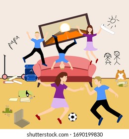 Chaos in the room, children play. Vector painting