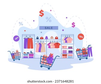 Chaos in shop during sale season vector illustration. Shopping carts filled with discounted items of clothes, rush of Black Friday shopping. Shopping Cart Frenzy concept