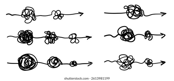 Chaos simple line arrow hand drawn doodle set. Minimalistic difficulty solution business idea sketch collection.