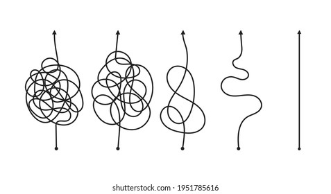 Chaos simplifying, problem solving and business solution searching challenge concept vector illustration set. Complex and easy simple way from start to end. Hand drawn doodle scribble chaos path lines