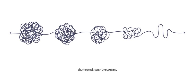 Chaos Simplifying, Problem Solving And Business Solution Searching Challenge Concept Vector Illustration Set. Complex And Easy Simple Way From Start To End. Hand Drawn Doodle Scribble Chaos Path Lines