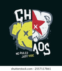 chaos slogan with graphic bear doll head rock style vector illustration on black background