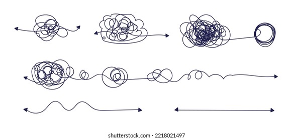 Chaos solving. Tangled lines turn into straight lines as a concept of chaos solving. Tangled and straight lines set. Vector illustration