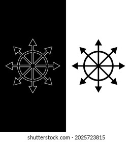 Chaos star icon, chaos symbol, chaos magic, eight-pointed star. Isolated icon in black with white outline. Esoteric, sacred geometry, witchcraft. Vector illustration on white and black background 
