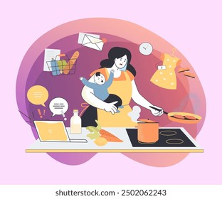 Chaos and stress of multitasking busy mom with crying baby. Tired woman cooking, thinking about work tasks and daily routine of housework flat vector illustration. Family, time management concept