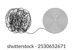 Chaos, tangle and untangle continuous one line drawing. Brainstorming, mental health, psychology, balance in linear vector illustration. Icon for web design, card, banner, flyer