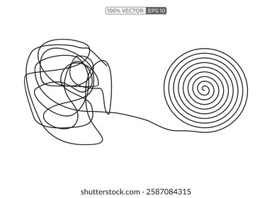 Chaos, tangle and untangle continuous one line drawing. Brainstorming, mental health, psychology, balance in linear vector illustration stock