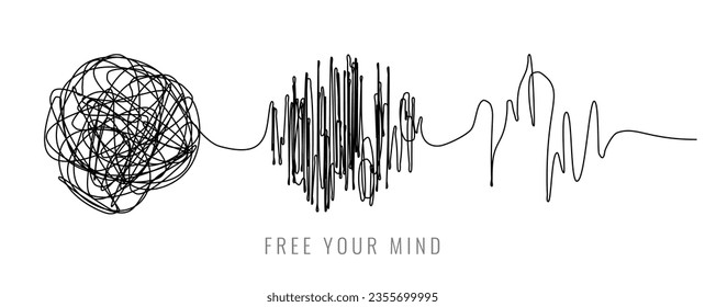 Chaos Tangle and Untangle Line. Psychotherapy and Psychology Concept. Doodle Continuous Drawing. Chaos in the Head. Problems Solution Creative Design Concept. Vector Illustration.