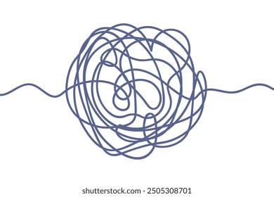 Chaos. Tangled ball of blue scribbles. Sketch. Ball of twisted loops with wavy ends on the sides. Half of a heart. Vector illustration. Hand drawn circle with a beginning and an end. 