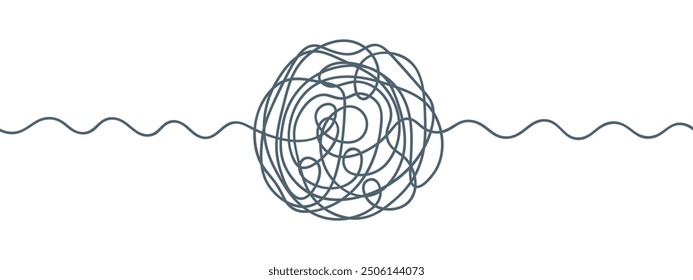 Chaos. Tangled ball of green scribbles. Sketch. Ball of twisted loops with wavy ends on the sides. Vector illustration. Hand drawn circle with beginning and end. Sloppy lines drawn with green pen. 