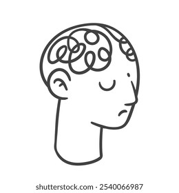 Caos y línea enredada dentro del cerebro del icono pensativo de la cabeza humana. Bosquejo dibujado a mano de pensamientos desordenados y estrés. Problema de salud mental, mascota de la psicología, desorden en la Ilustración vectorial del icono del cerebro