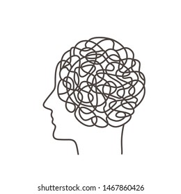 Chaos in thoughts determines human behavior. concept of psychology. Human brains on the background of the profile of a person in a linear style. flat vector illustration isolated on black background
