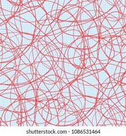 Chaos wallpaper on checkered pattern. Tangled texture with lines. Seamless hand drawn dinamic scrawls. Background with waves. Line art. Print for banners, posters, flyers and textiles