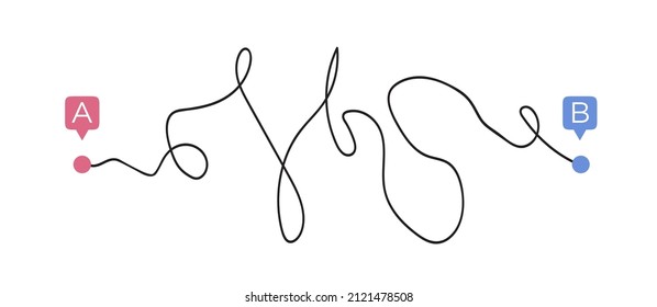 Chaos way from point A to B. Business metaphor. Searching solution problem concept. Vector illustration 10 eps